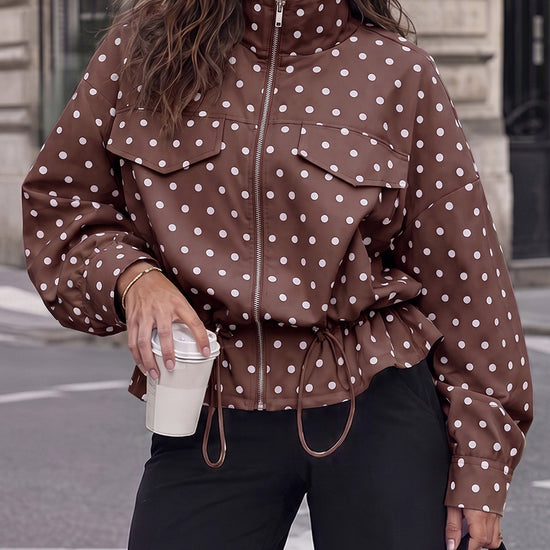 Zip Up Polka Dot Drwatring Jackets - Fisoew
