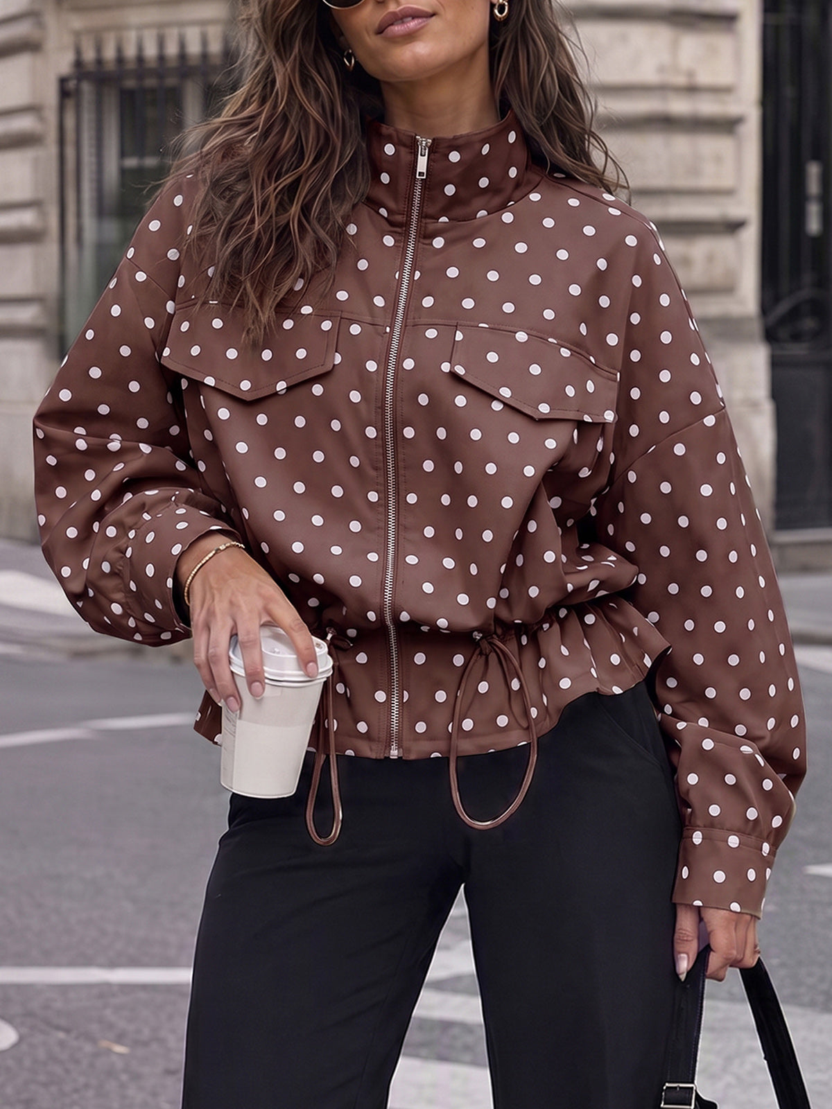 Zip Up Polka Dot Drwatring Jackets - Fisoew