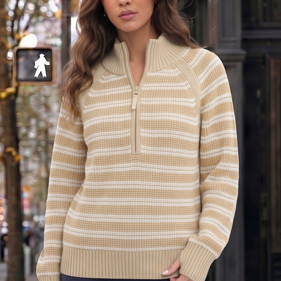 Half Zip Striped Pullover Ribbed Knit Tops - Fisoew