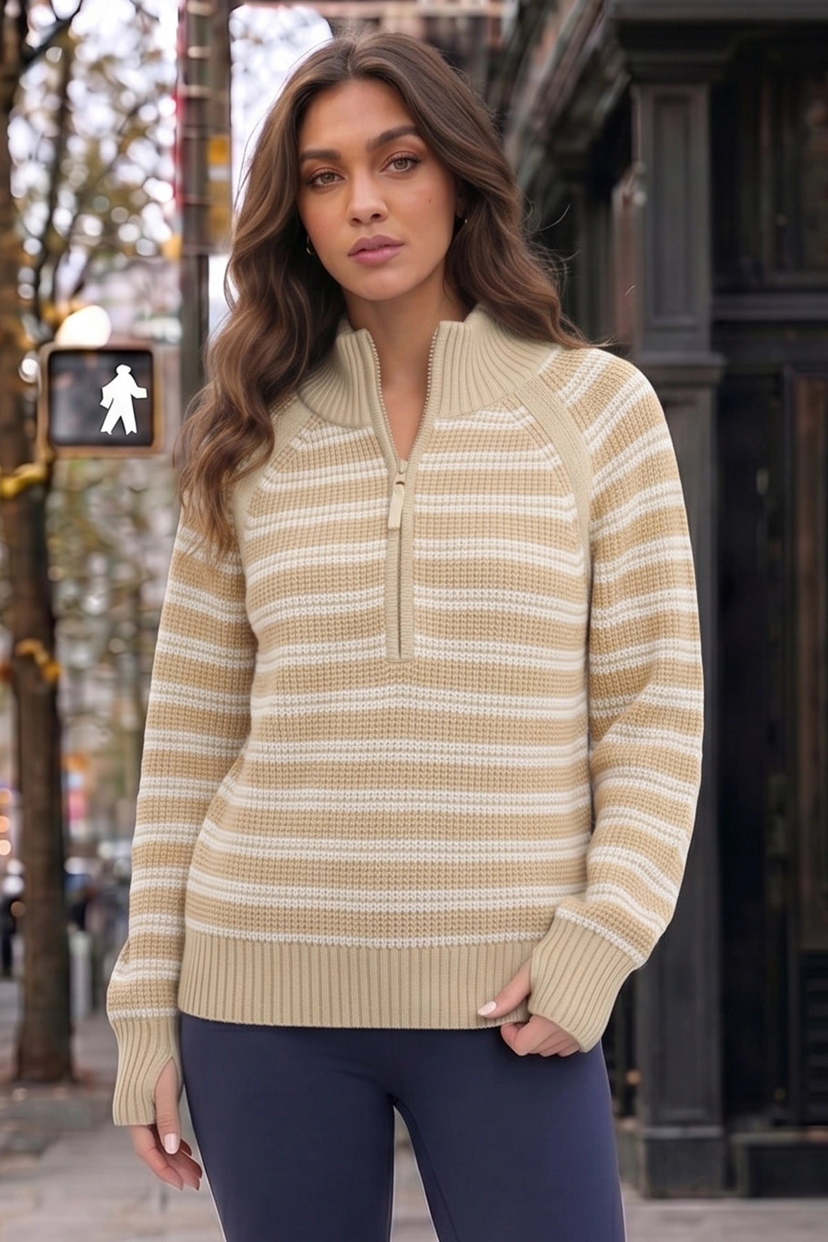 Half Zip Striped Pullover Ribbed Knit Tops - Fisoew