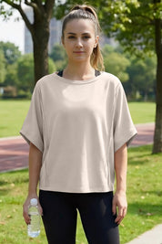 Fisoew Women's Khaki Oversized Crop Tops Summer T-Shirt - Fisoew