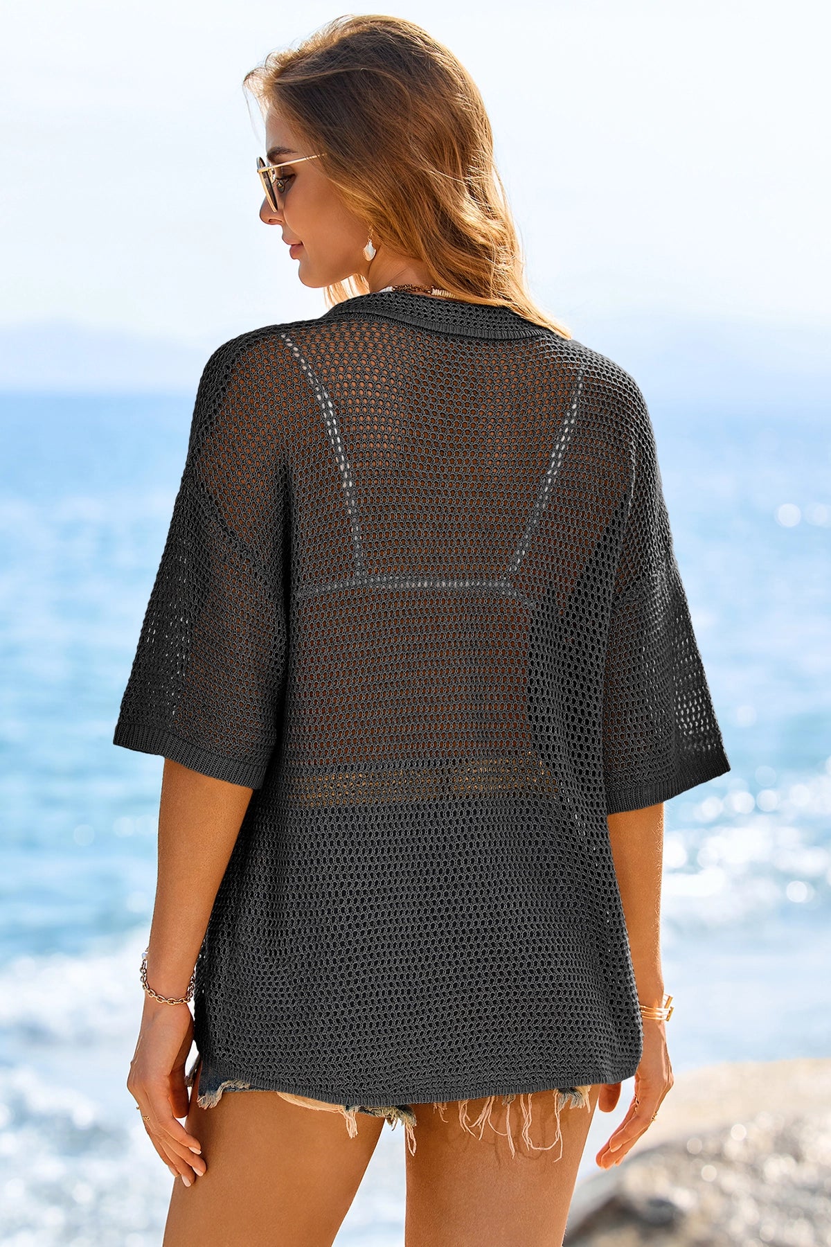 Fisoew Women's Black Crochet Lightweight Cardigan Sweaters Cover Up Shirts