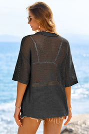 Fisoew Women's Black Crochet Lightweight Cardigan Sweaters Cover Up Shirts