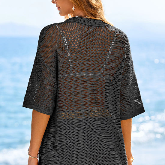 Fisoew Women's Black Crochet Lightweight Cardigan Sweaters Cover Up Shirts - Fisoew