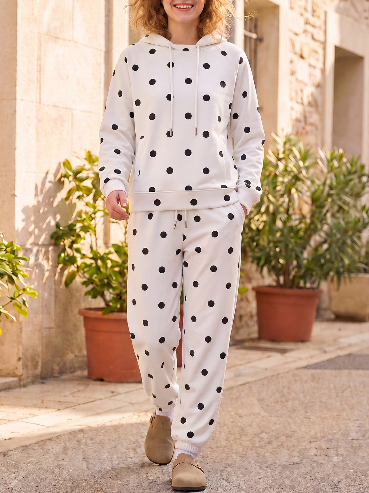 Polka Dot Long Sleeve Hooded With Jogger Pants Sets - Fisoew