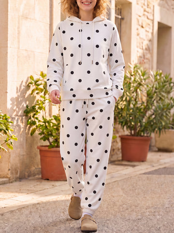 Polka Dot Long Sleeve Hooded With Jogger Pants Sets - Fisoew