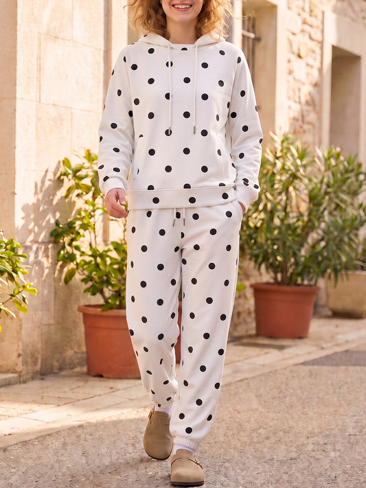 Polka Dot Long Sleeve Hooded With Jogger Pants Sets - Fisoew