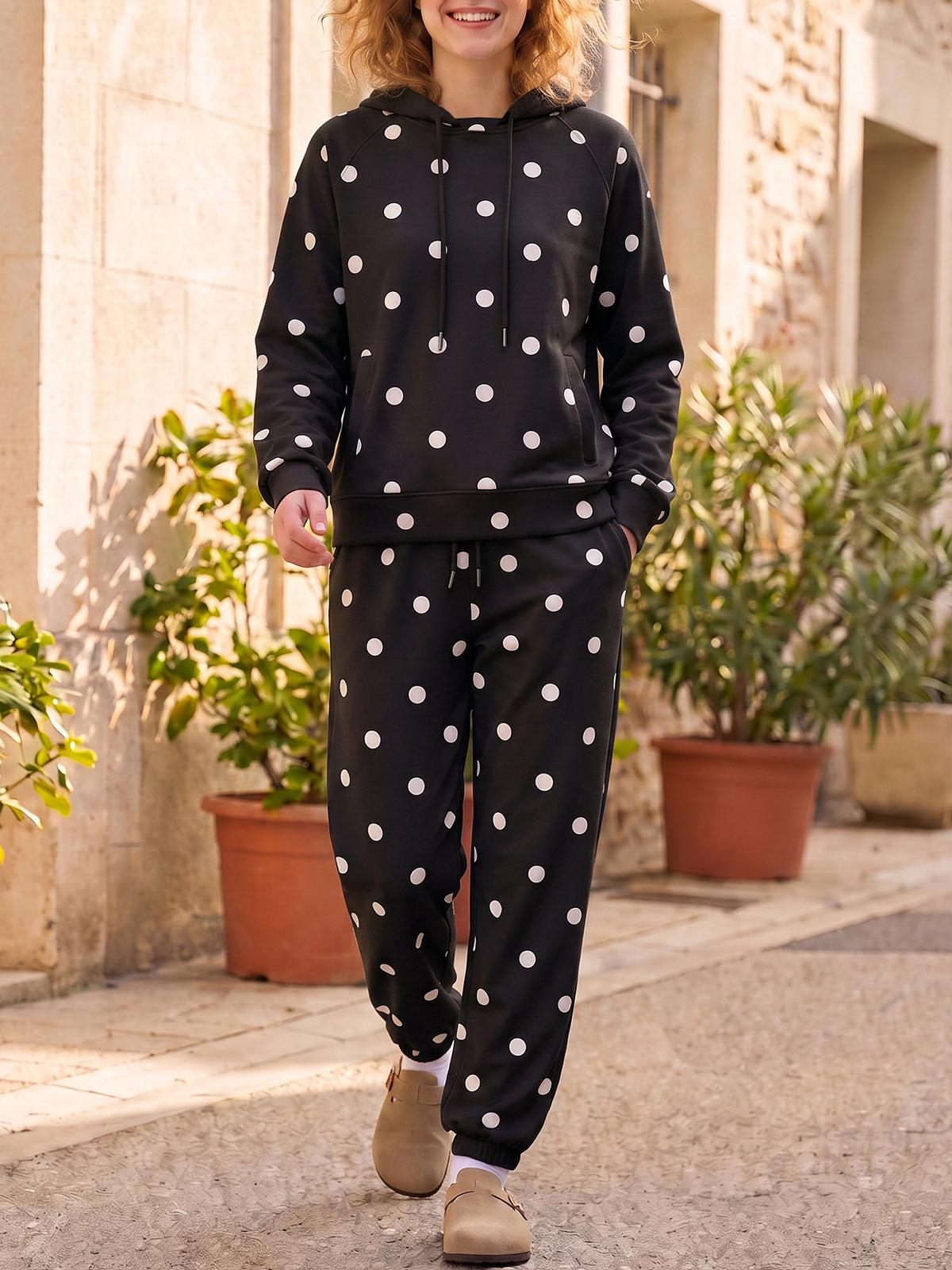 Polka Dot Long Sleeve Hooded With Jogger Pants Sets - Fisoew