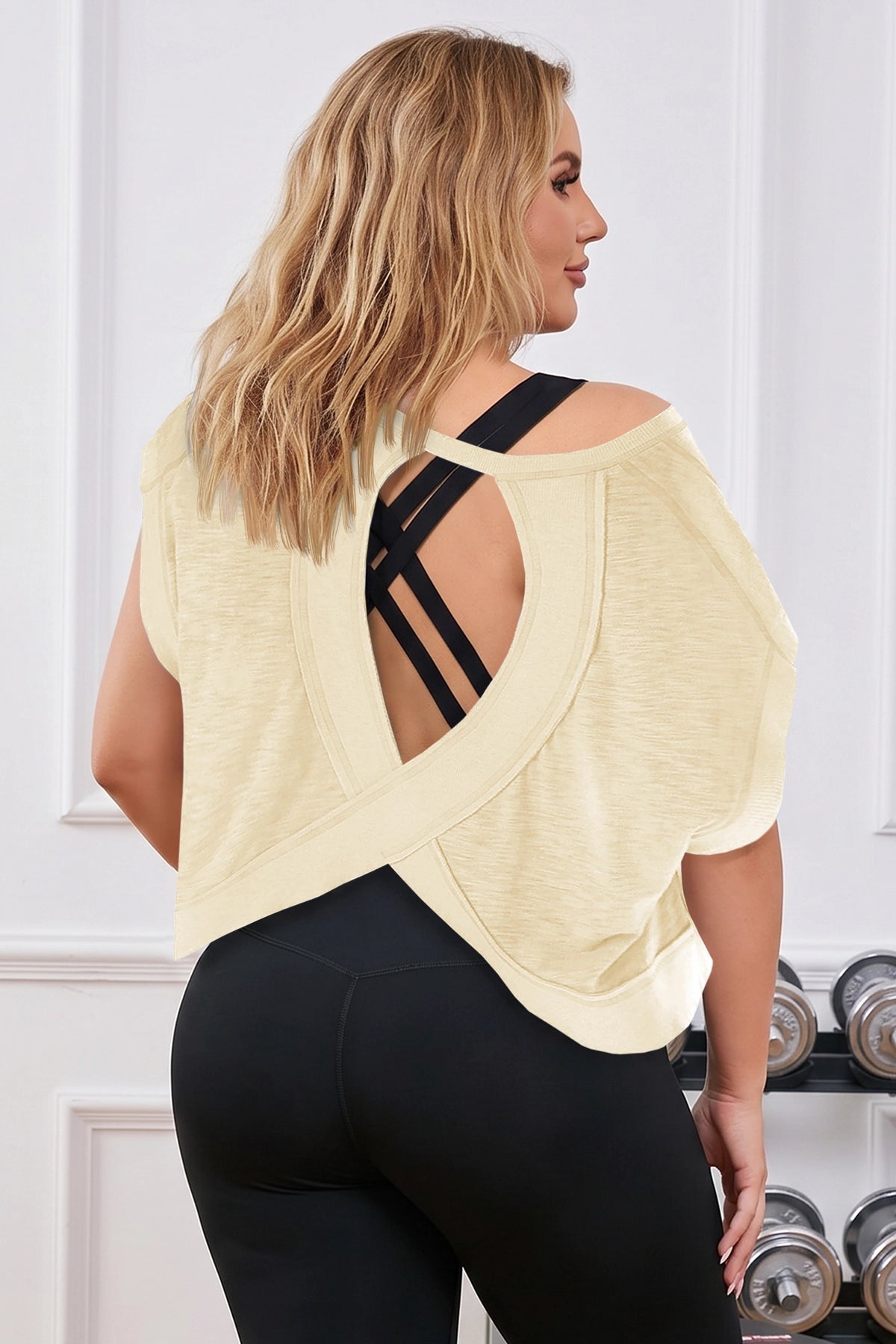 Fisoew Women's Beige Plus Size Open Back Workout Tops