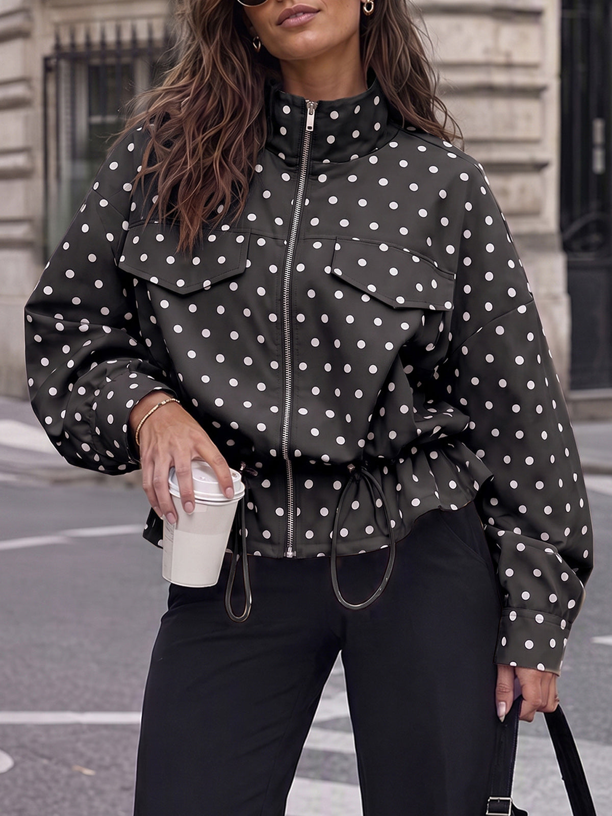Zip Up Polka Dot Drwatring Jackets - Fisoew