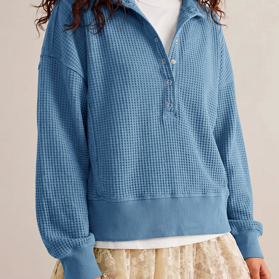 Waffle Knit Button Henley Pullover Sweatshirt - Fisoew