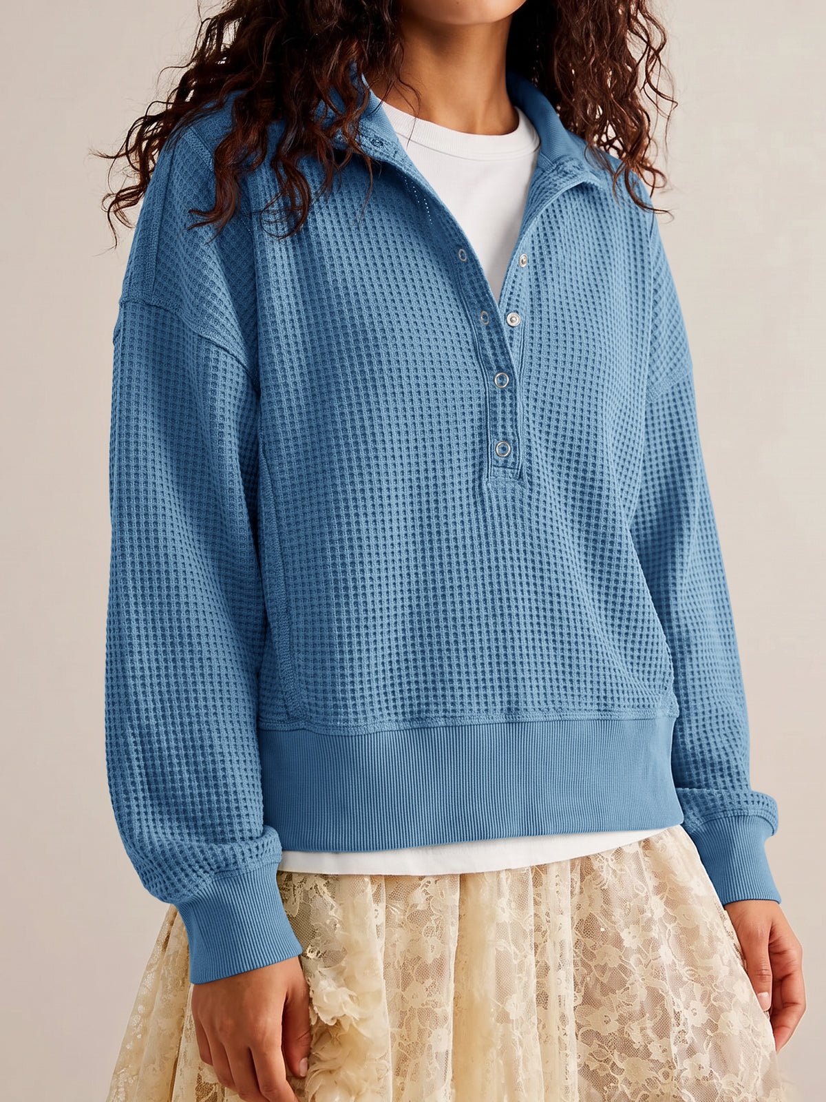 Waffle Knit Button Henley Pullover Sweatshirt - Fisoew