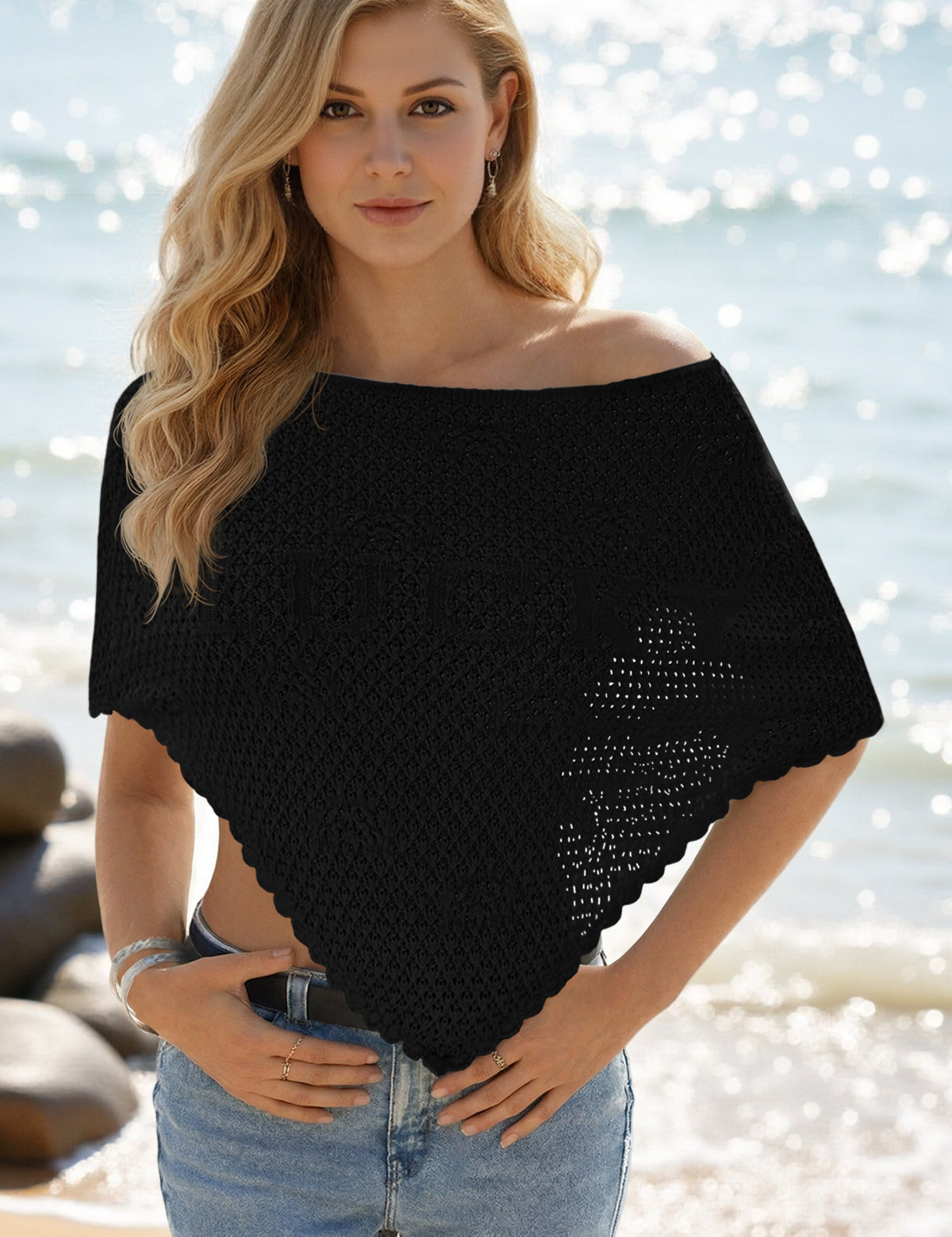 Fisoew Women's Black Sheer Shawl Boho Crochet Cover Ups - Fisoew