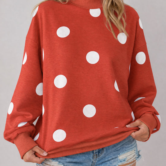 Mock Neck Long Sleeve Polka Dot Sweatshirts - Fisoew