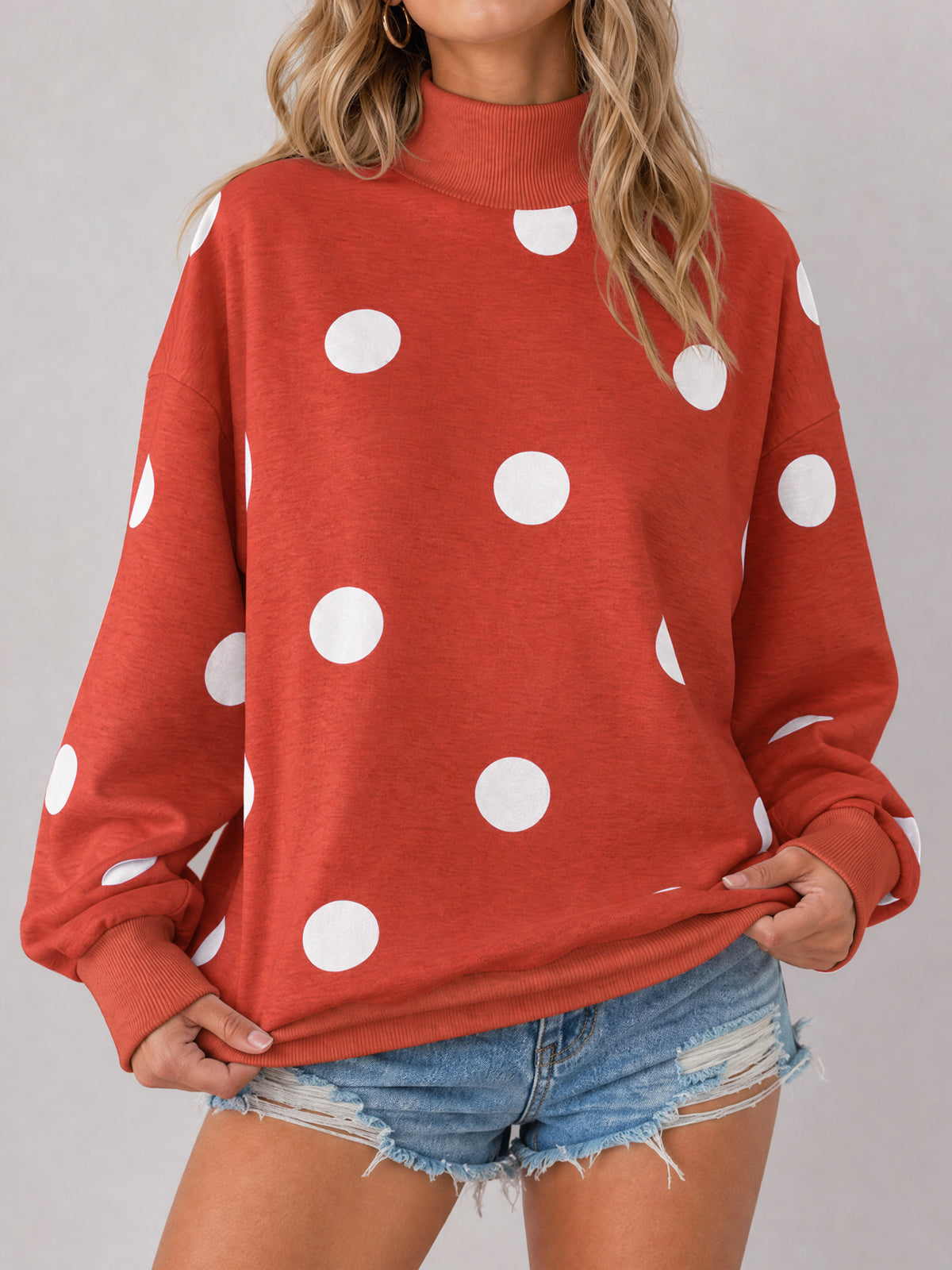 Mock Neck Long Sleeve Polka Dot Sweatshirts - Fisoew