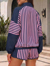 Striped Half-Zip Long Sleeve Tops With Short Sets