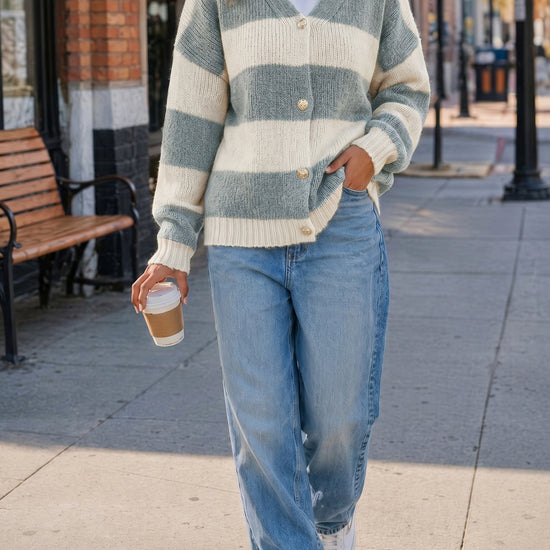 Striped Open Front Button Up Cardigans - Fisoew