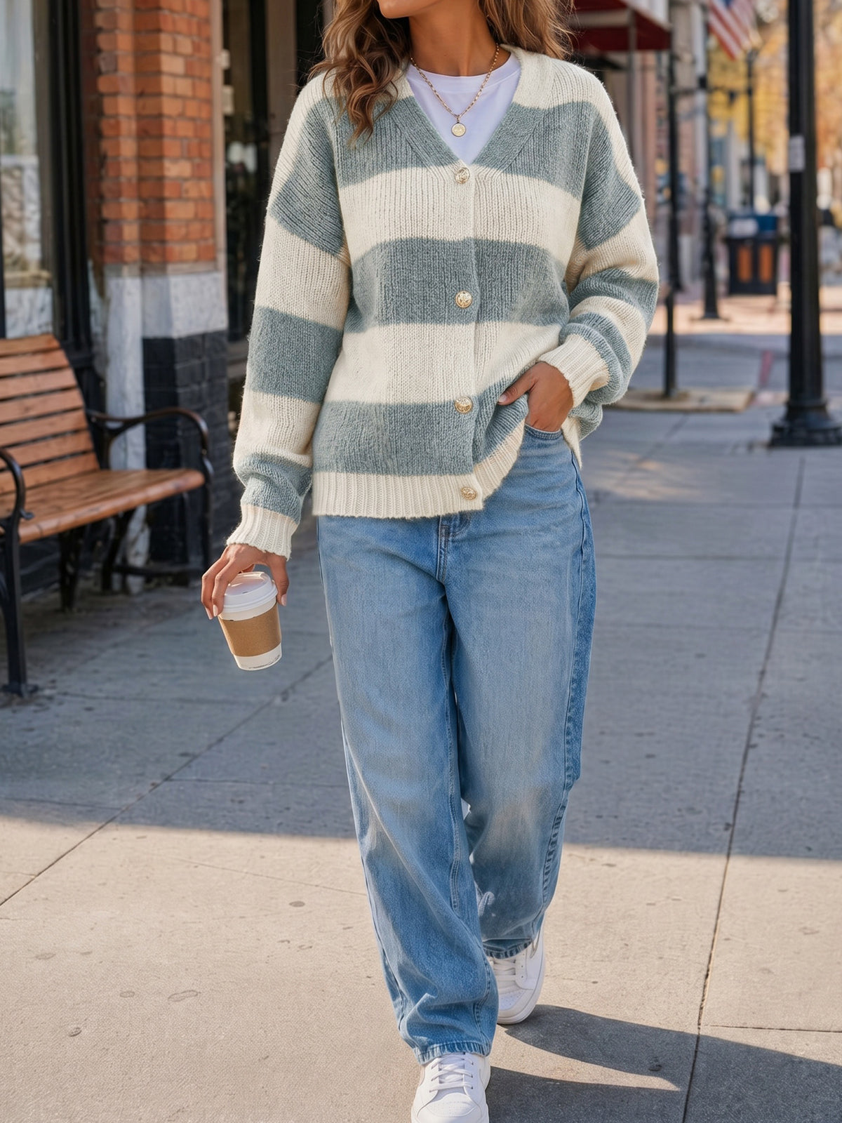 Striped Open Front Button Up Cardigans - Fisoew