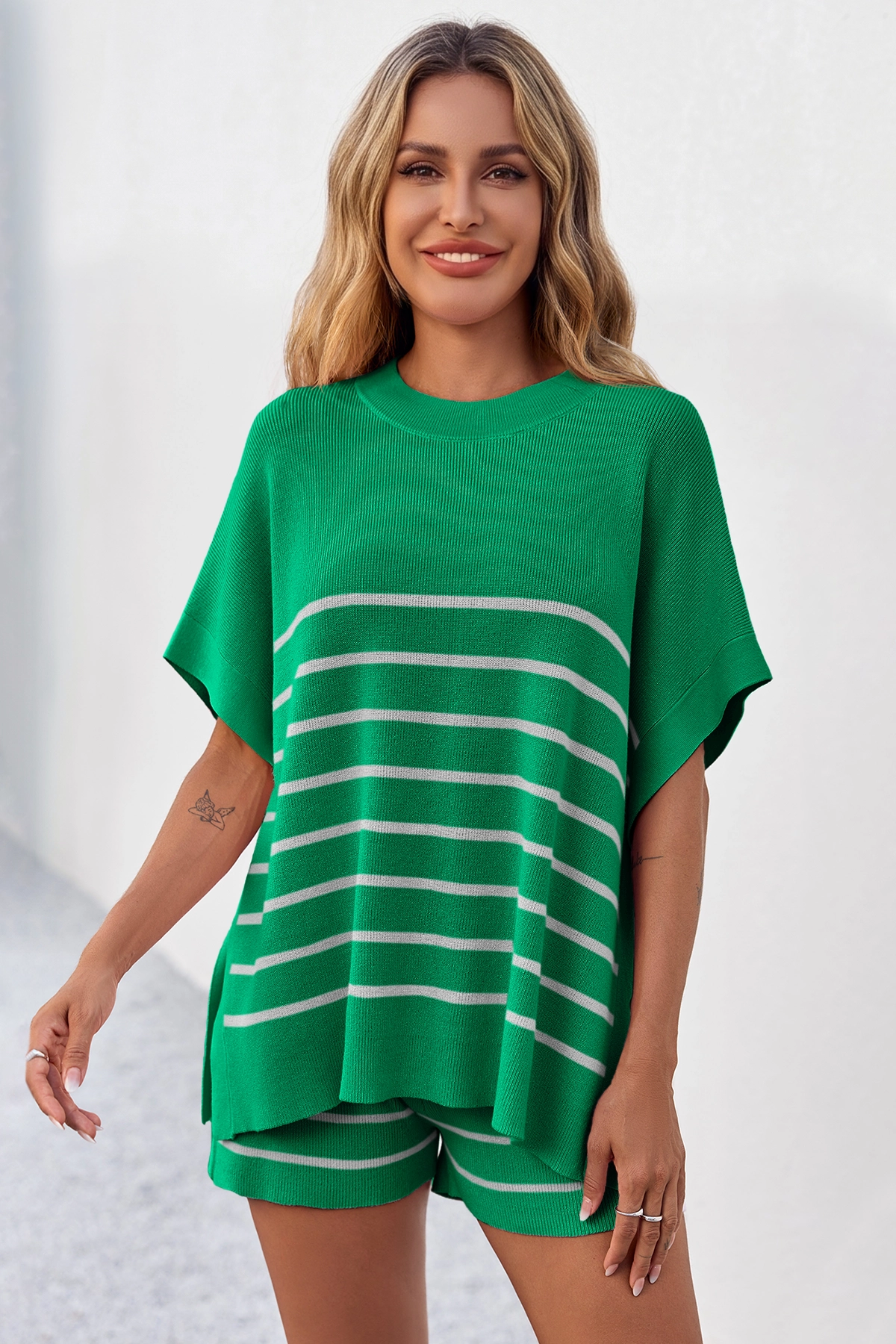 Fisoew Women's Green Striped Oversized Lounge Short Sets - Fisoew