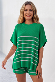 Fisoew Women's Green Striped Oversized Lounge Short Sets - Fisoew