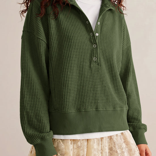Waffle Knit Button Henley Pullover Sweatshirt - Fisoew