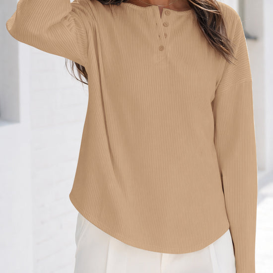 Solid Ribbed Knit Henley Shirts - Fisoew
