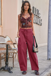 Fisoew Women's Burgundy Barrel Baggy Cargo Pants - Fisoew