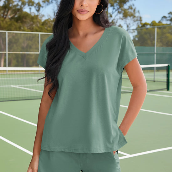 Fisoew Women's Army Green V Neck 2 Piece Casual Outfits - Fisoew