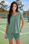 Fisoew Women's Army Green V Neck 2 Piece Casual Outfits - Fisoew