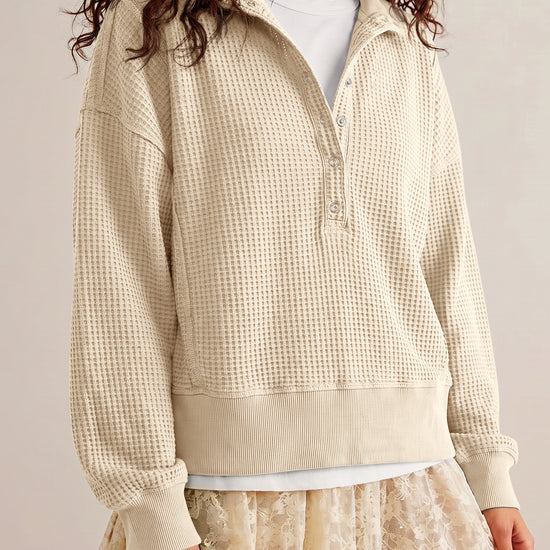 Waffle Knit Button Henley Pullover Sweatshirt - Fisoew