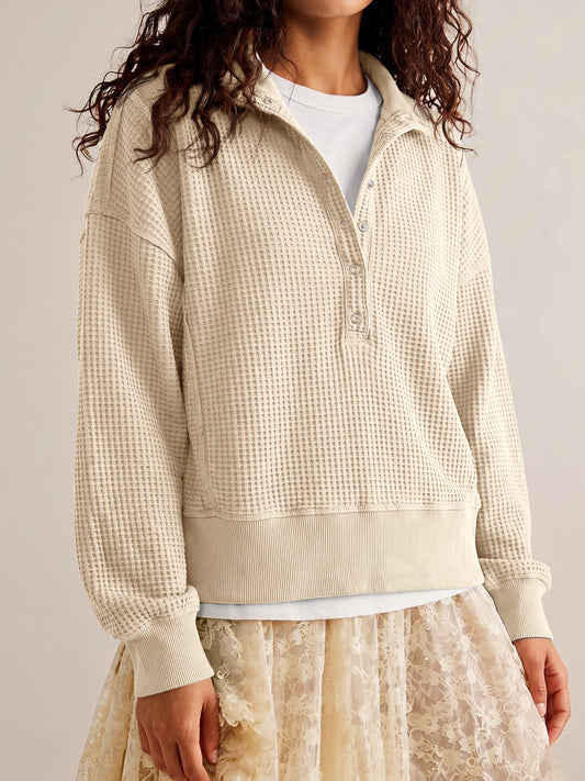 Waffle Knit Button Henley Pullover Sweatshirt - Fisoew