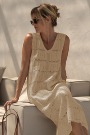 Fisoew Women's Khaki Boho Knit Sleeveless Dress - Fisoew