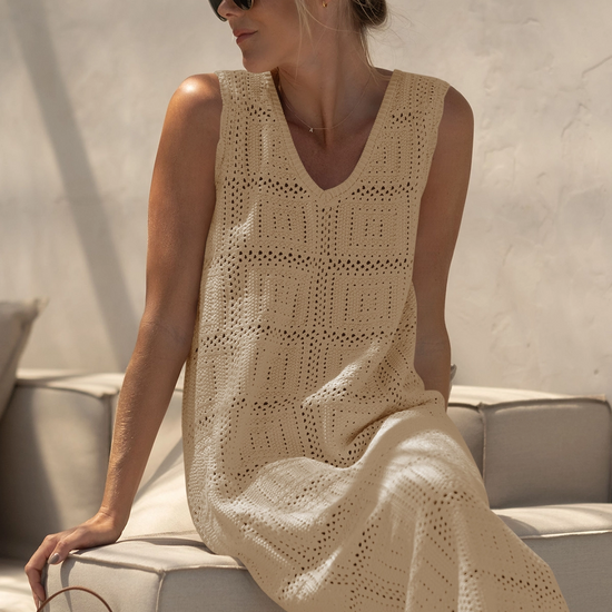 Fisoew Women's Khaki Boho Knit Sleeveless Dress - Fisoew