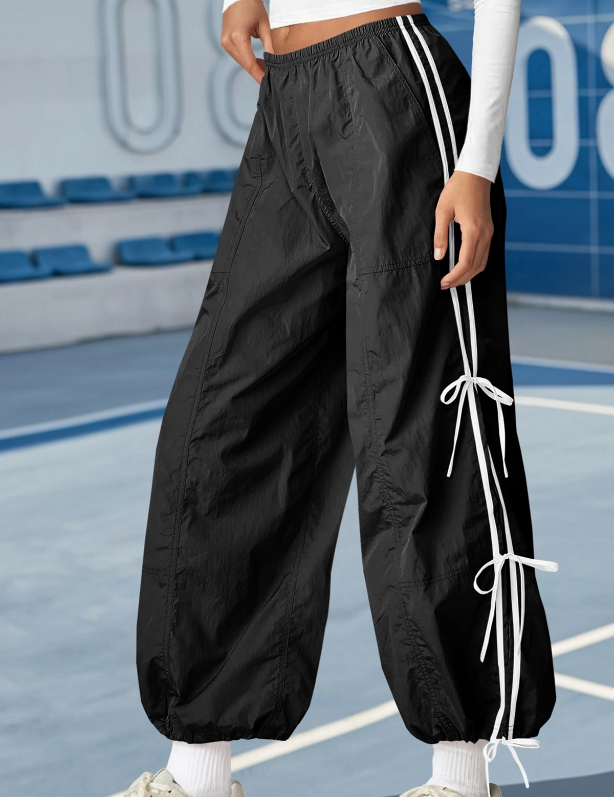 Fisoew Women’s Black Casual Elastic Wide Leg Track Pants - Fisoew