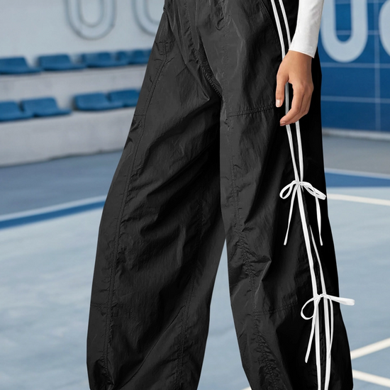 Fisoew Women’s Black Casual Elastic Wide Leg Track Pants - Fisoew