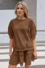 Womens Brown Lace Trim Puff Sleeve Two Piece Skirt Set Fisoew - Fisoew