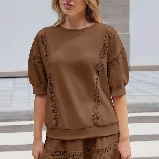 Womens Brown Lace Trim Puff Sleeve Two Piece Skirt Set Fisoew - Fisoew
