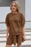Womens Brown Lace Trim Puff Sleeve Two Piece Skirt Set Fisoew - Fisoew