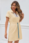 Fisoew Women's Beige Short Sleeve V Neck Mini Dress - Fisoew