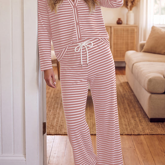 Striped Cardigan With Drawstring Pant Sets - Fisoew