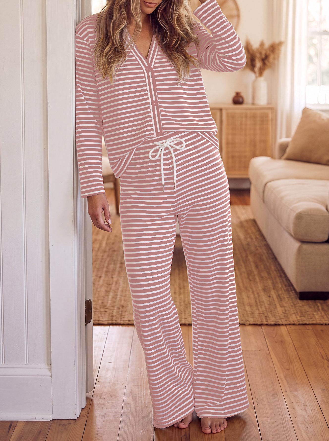 Striped Cardigan With Drawstring Pant Sets - Fisoew