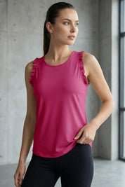 Fisoew Women's Rose Red Ruffle Sleeveless  Black Racerback Workout Tank Tops - Fisoew