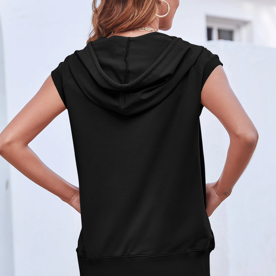 Fisoew Women's Black Sleeveless Zip Up Hoodies - Fisoew
