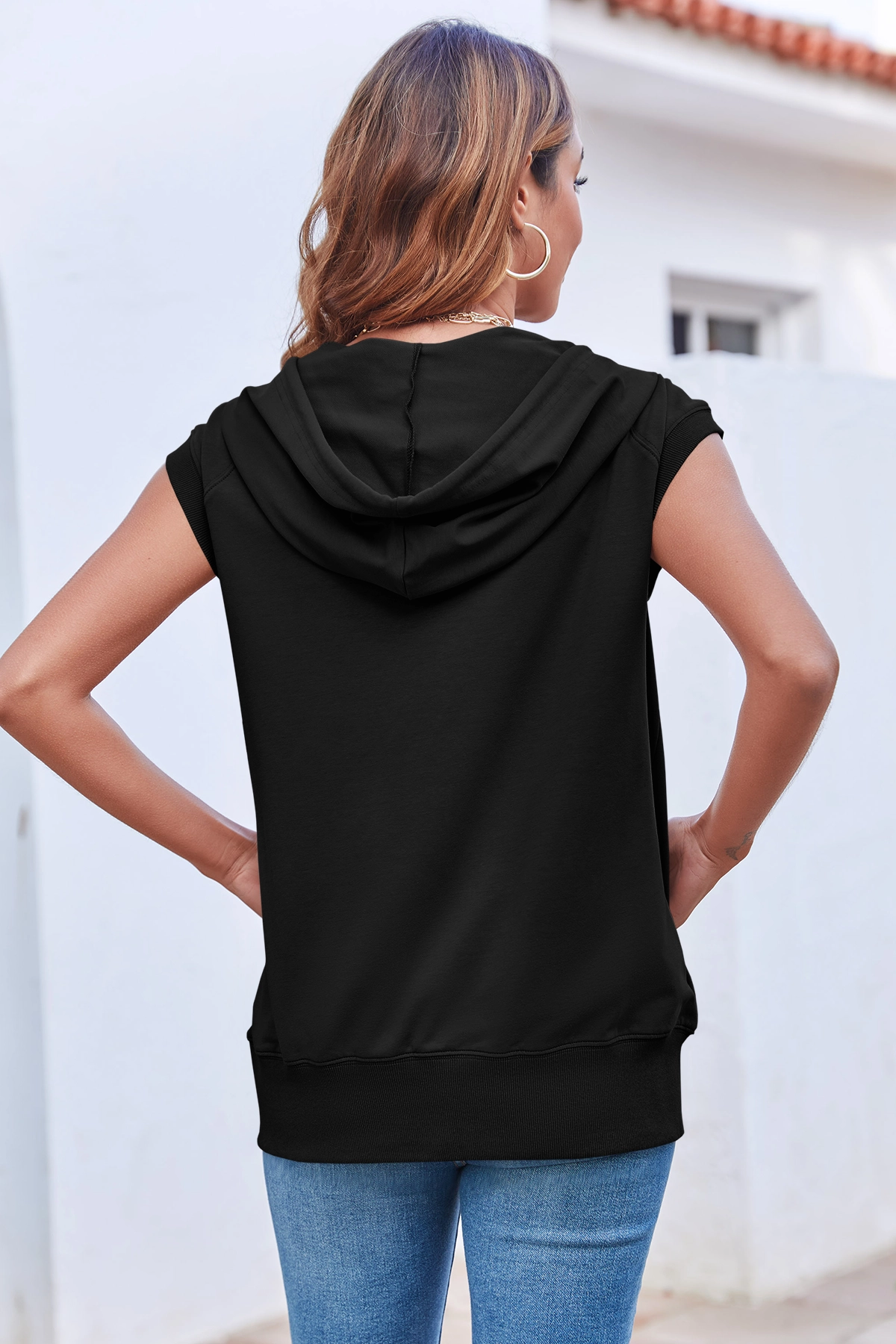 Fisoew Women's Black Sleeveless Zip Up Hoodies - Fisoew