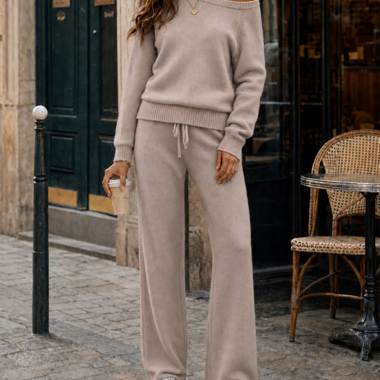Off-Shoulder Sweaters With Drawstring Pants Set - Fisoew