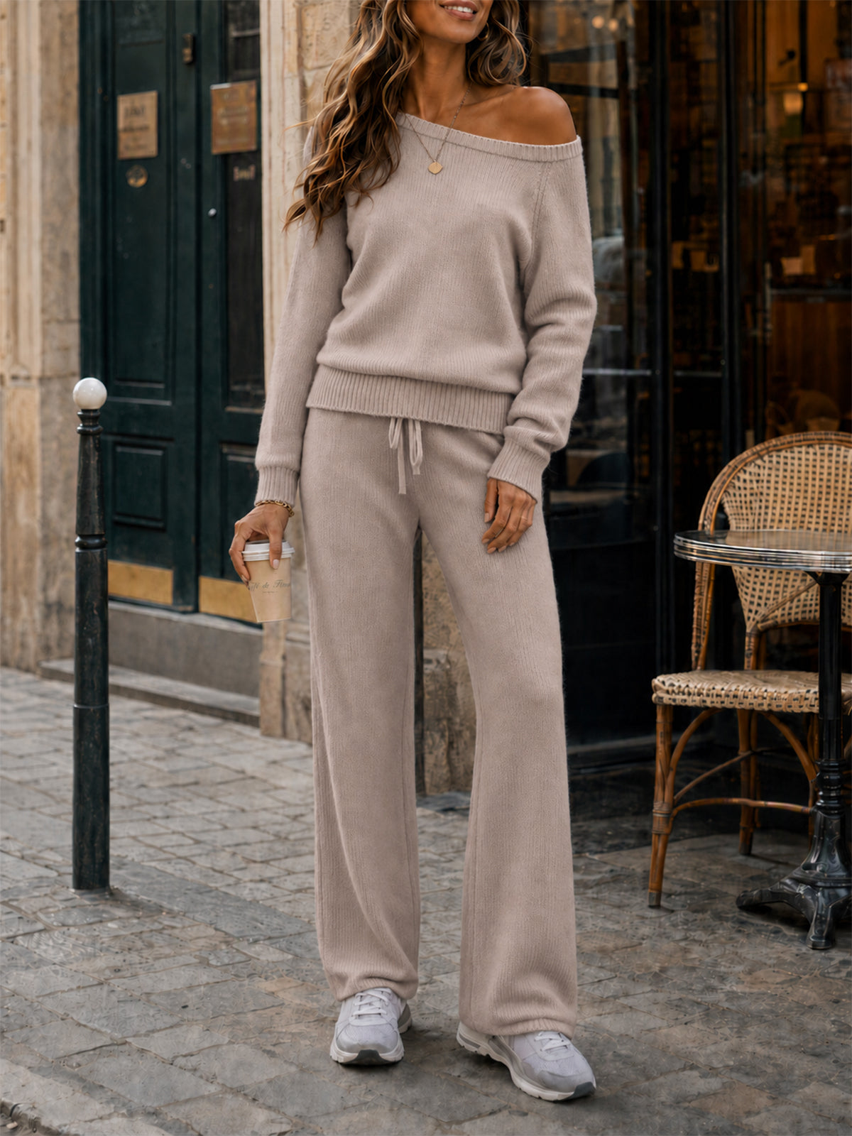 Off-Shoulder Sweaters With Drawstring Pants Set - Fisoew