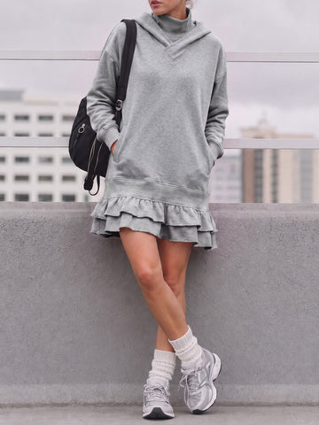 Turtleneck Hoodie Sweatshirt Mini Dresses - Fisoew