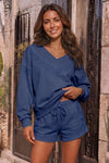 V Neck Solid Sweatsuits With Short Sets