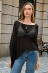 Fisoew Women's Black Sheer Lightweight Knit  Poncho Top - Fisoew