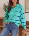 Zip Striped Oversized Turtleneck Pullover Top